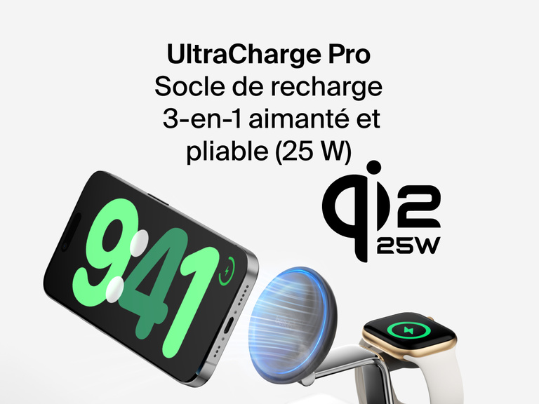 Station de recharge aimantée 3-en-1 Belkin UltraCharge Pro avec Qi2 (25 W) offrant une recharge sans fil pour iPhone, Apple Watch et AirPods en simultané avec prise en charge de la recharge rapide.