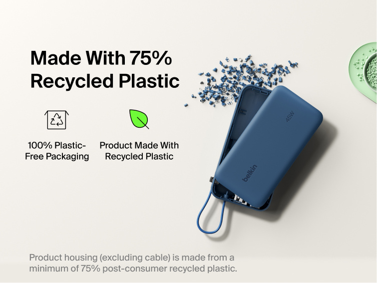 Belkin UltraCharge 10K power bank with integrated USB-C cable and digital display made with 75% recycled plastic and eco-friendly packaging