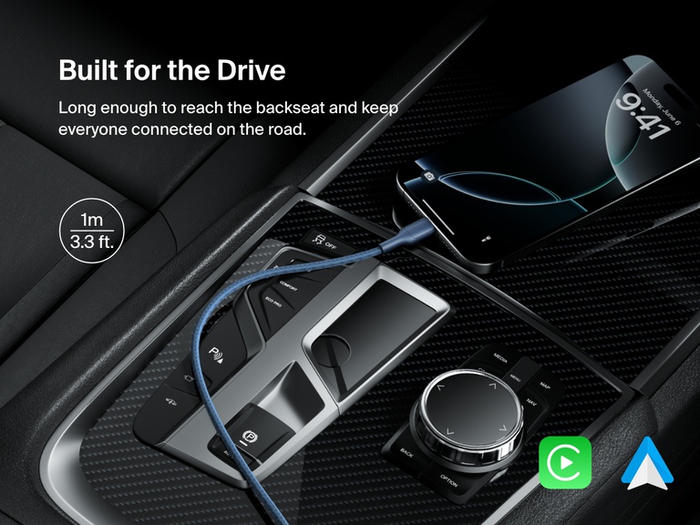 Belkin BoostCharge Pro Braided USB-C to USB-C Cable 60W in 1m (3.3ft) length shown powering a smartphone in a car, ideal for backseat reach and seamless Android Auto or Apple CarPlay connectivity.