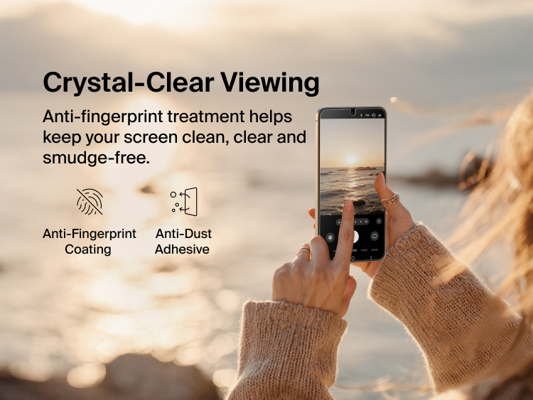 Belkin ScreenForce Titan SmartShield Anti-Reflective Screen Protector for Samsung Galaxy S26 highlighting crystal-clear viewing with anti-fingerprint coating and anti-dust adhesive to keep the screen clean and smudge-free.