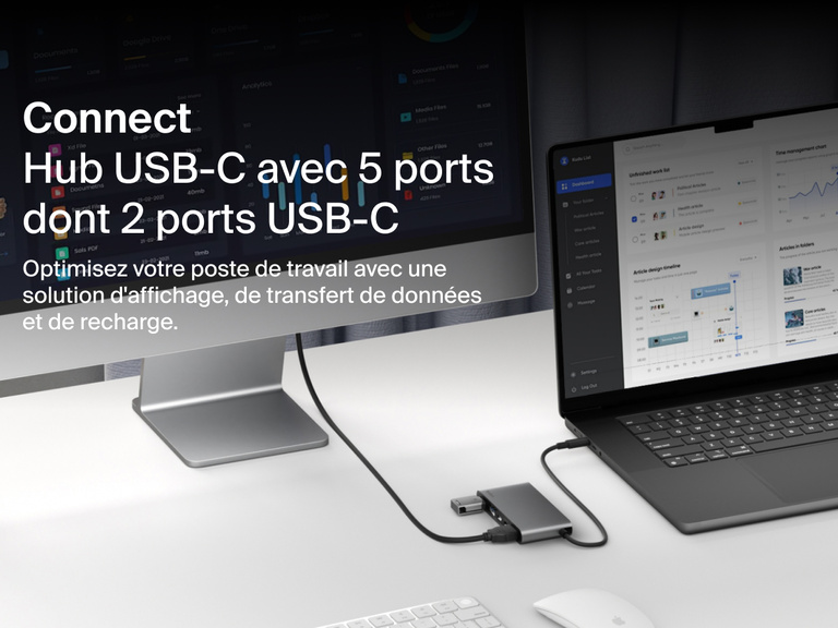 Belkin Connect 5-Port USB-C Hub with Dual USB-C Ports shown on a desk connecting a laptop and monitor for display, data transfer, and charging.