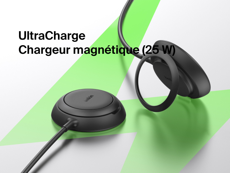 Image du chargeur magn&eacute;tique Qi2 25 W Belkin UltraCharge &agrave; la fois fin et &eacute;l&eacute;gant con&ccedil;u pour offrir une recharge sans fil rapide et s&eacute;curis&eacute;e.