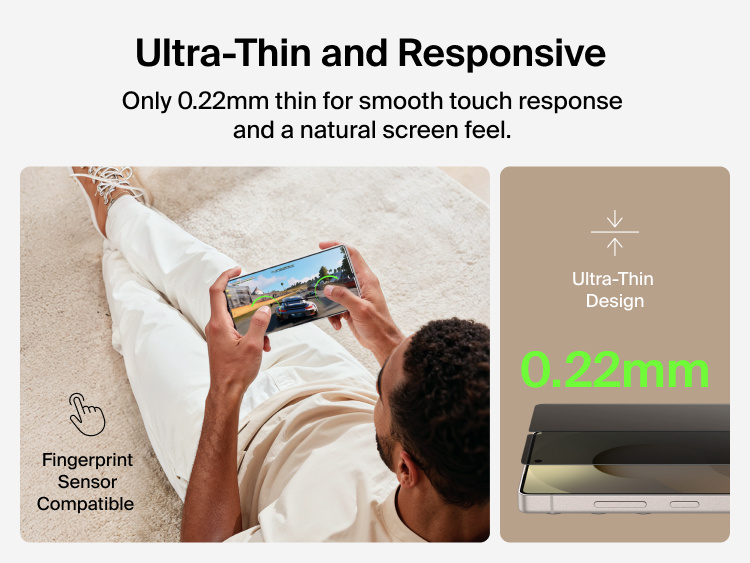 Belkin ScreenForce Titan SmartShield Privacy Filter Screen Protector for Samsung Galaxy S26 featuring an ultra-thin 0.22 mm design for smooth touch response, natural screen feel, and full fingerprint sensor compatibility.