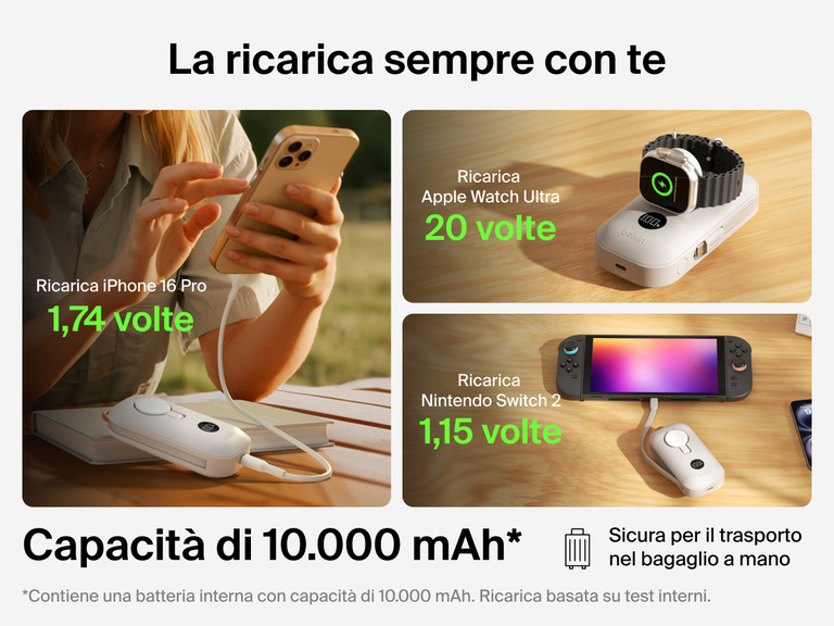 Il prodotto power bank 10K con caricabatteria per Apple Watch Belkin BoostCharge &egrave; conforme per il trasporto in aereo con abbastanza capacit&agrave; per ricaricare iPhone 16 Pro, Apple Watch Ultra e Nintendo Switch 2 durante gli spostamenti.