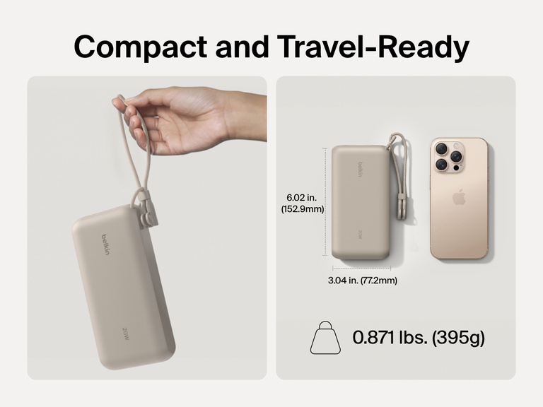 Belkin BoostCharge Power Bank 20K with Display shown in hand and next to a smartphone to highlight its compact, travel-ready design with dimensions of 6.02 x 3.04 inches and a lightweight build of 0.871 lbs (395g).