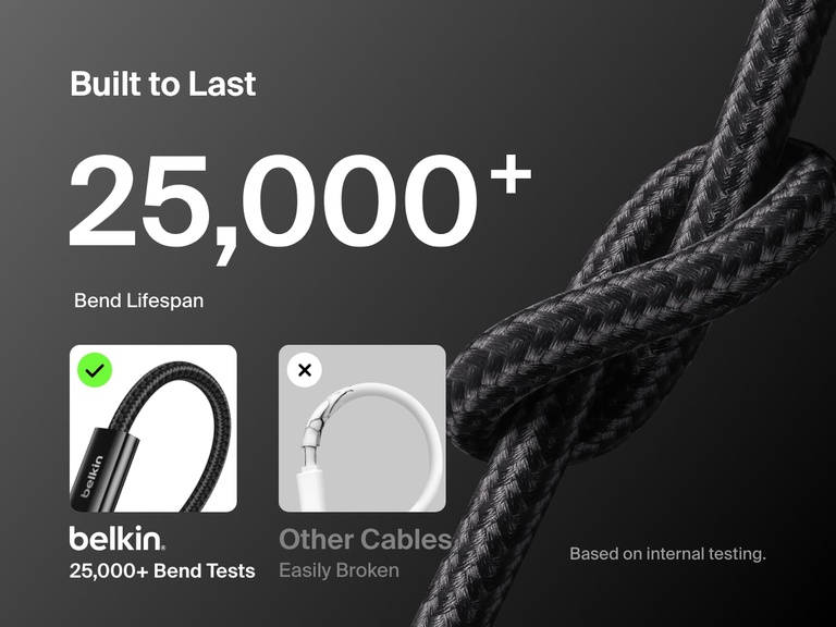 Belkin BoostCharge USB-C Cable with Lightning Connector shown with a braided design and labeled 25,000+ bend lifespan, emphasizing durability compared to easily broken standard cables.