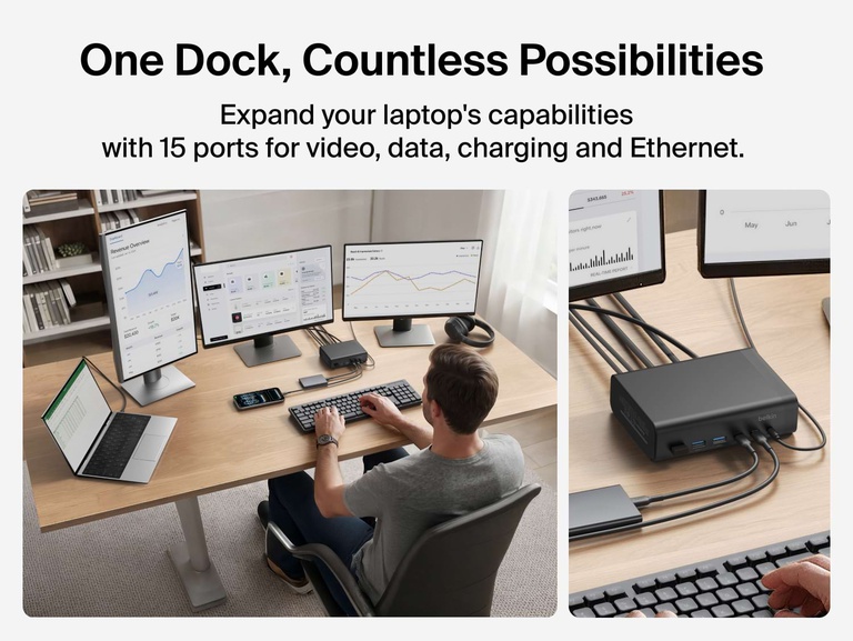 Connect 15-Port Triple Display USB-C Dock connected to a laptop and three monitors at a home desk setup, illustrating 15 ports for video, data, charging, and Ethernet