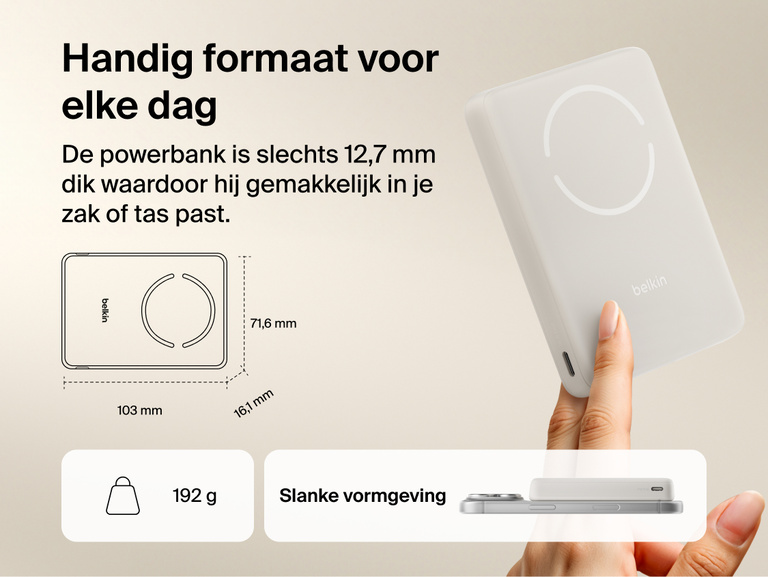Belkin BoostCharge Slim Magnetic Power Bank 10K slim portable design with compact dimensions and lightweight build for easy pocket storage