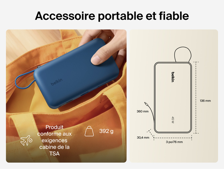 Belkin UltraCharge 20K 45W power bank with integrated cable designed for portable, TSA-approved travel with compact size and reliable on-the-go charging