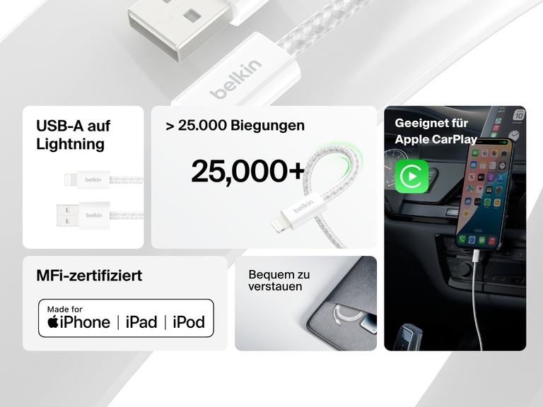 Das Belkin BoostCharge USB-A-Kabel mit Lightning Connector hält mehr als 25.000 Biegungen stand und lässt sich kompakt verstauen. Es verfügt über eine MFi-Zertifizierung, eignet sich für Apple CarPlay und zum nahtlosen Laden und Synchronisieren von iPhone-, iPad- und iPod-Geräten.