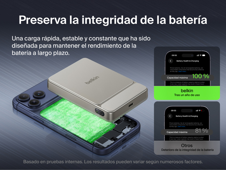 Belkin UltraCharge Slim Magnetic Power Bank 10K highlighting dual chip system, advanced temperature sensors, and real-time monitoring for enhanced charging safety and protection