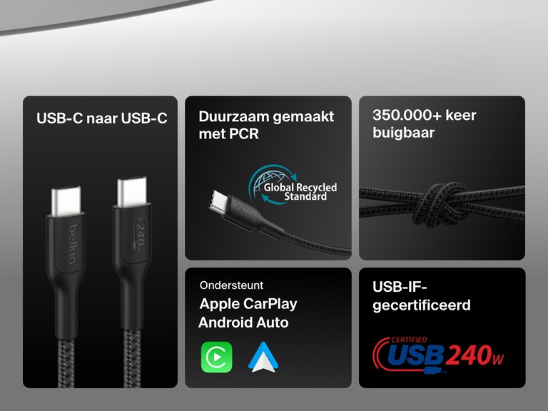 Feature callout graphic highlighting the Belkin BoostCharge Pro USB-C to USB-C Braided Cable 240W with USB-IF certification, 350,000+ bend lifespan, PCR materials, and compatibility with Apple CarPlay and Android Auto.