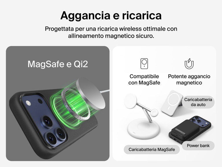 Custodia Belkin SheerForce Protect Series per iPhone 17 con bordi rialzati per la protezione dello schermo e della fotocamera, e design appositamente pensato per garantire una ricarica wireless magnetica ottimale.