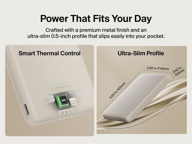 Belkin BoostCharge Slim Magnetic Power Bank 5K shown with smart thermal control and ultra-slim 0.5-inch profile designed for portable, pocket-friendly charging.