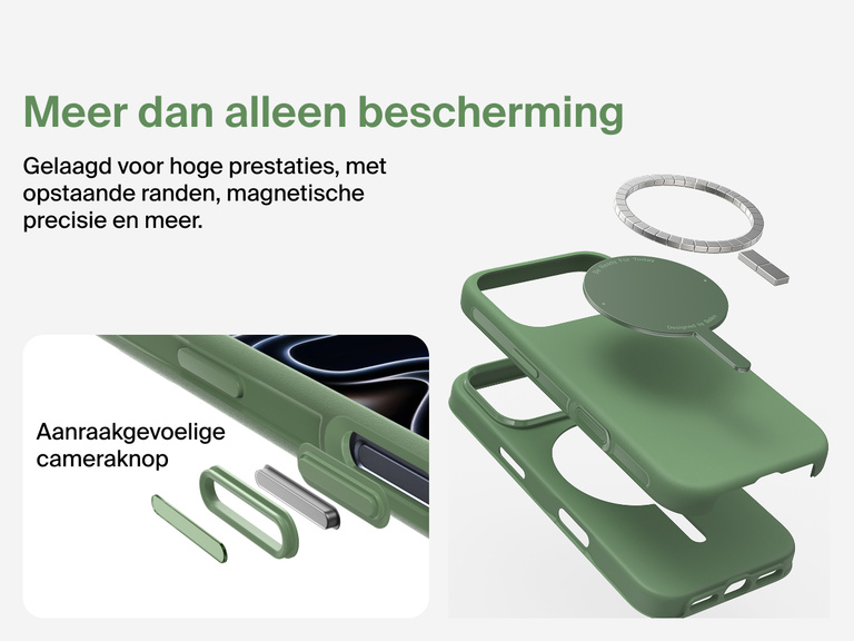 Belkin ScreenForce Protect-hoesje voor de iPhone 17, met MagSafe en Qi2-compatibiliteit voor stevige magnetische bevestiging op laders en accessoires.