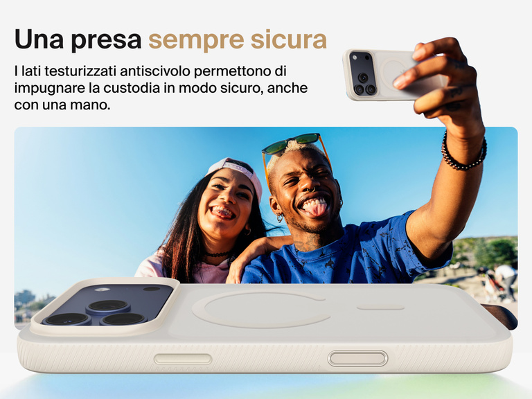 Belkin SheerForce Grip Series Case for iPhone 17 with military-grade drop protection and textured non-slip grip.