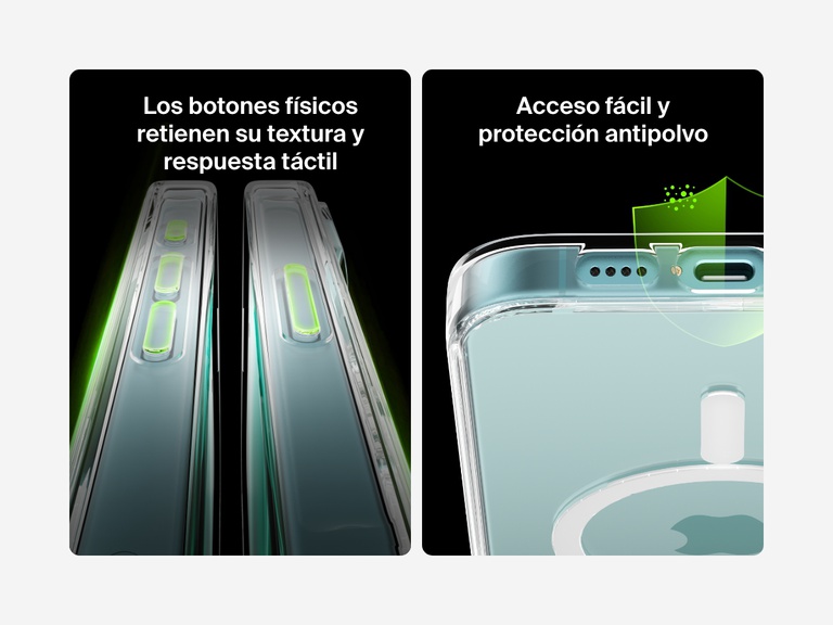 A dual-image showcase of the SheerForce™ Magnetic iPhone Case’s tactile, clickable buttons and dust-proof protection. The left image highlights the precisely designed buttons that offer a responsive and comfortable press. The right image focuses on the dust-resistant port cutouts, ensuring easy access while protecting against dirt and debris buildup.