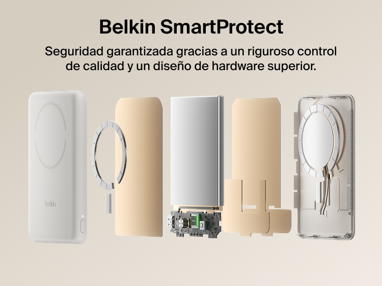 Belkin BoostCharge Slim Magnetic Power Bank 5K with Qi2 shown with Belkin SmartProtect internal components designed for safe, reliable charging performance.