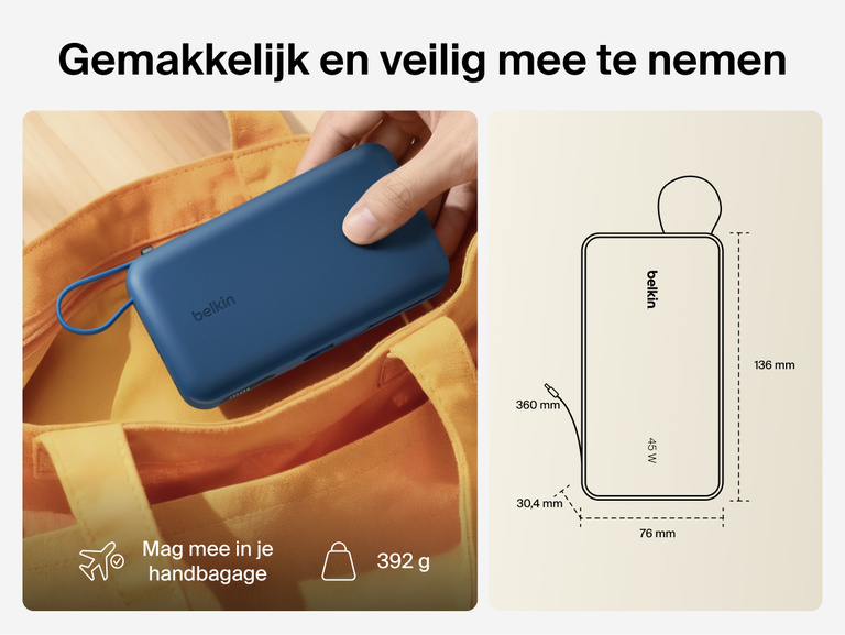 Belkin UltraCharge 20K 45W power bank with integrated cable designed for portable, TSA-approved travel with compact size and reliable on-the-go charging