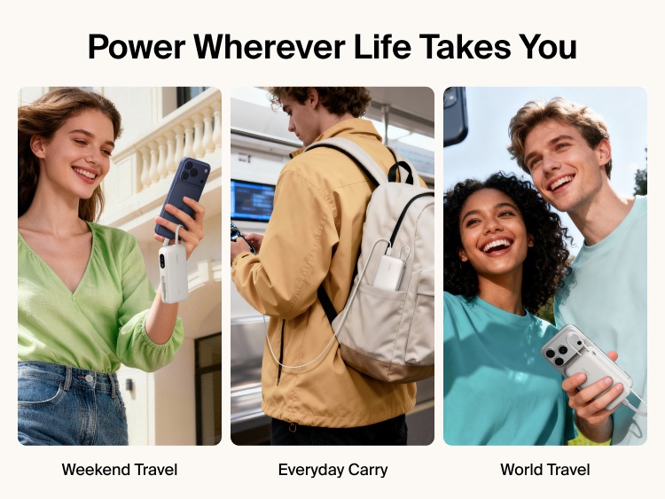 Belkin UltraCharge 10K power bank with integrated USB-C cable and digital display used for portable charging during travel, commuting, and everyday carry