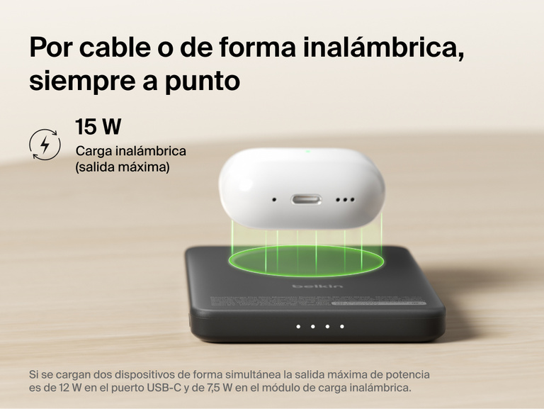 Belkin BoostCharge Slim Magnetic Power Bank 5K with Qi2 providing up to 15W magnetic wireless charging for compatible devices in a slim, portable power bank design.