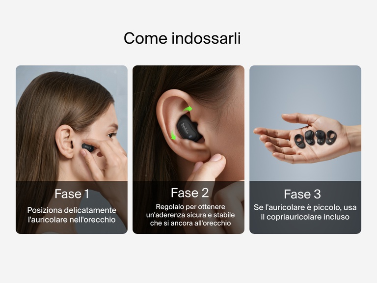 Belkin SoundForm Anywhere Wireless Earbuds with step-by-step guide showing how to wear and adjust for a secure, comfortable fit using size-up sleeves if needed.