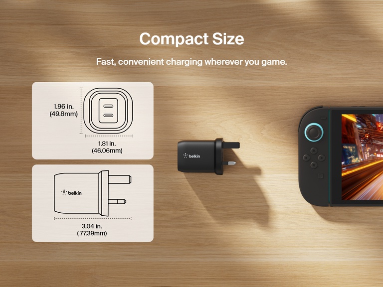 Belkin Gaming Dual USB-C Wall Charger 65W features a compact, travel-friendly design with folding prongs, ideal for fast charging the Nintendo Switch 2 on the go.