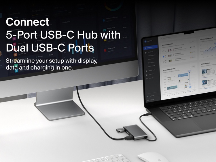 Belkin Connect 5-Port USB-C Hub with Dual USB-C Ports shown on a desk connecting a laptop and monitor for display, data transfer, and charging.