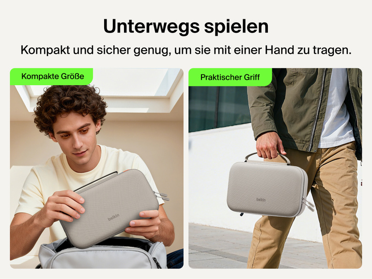 Belkin Gaming Charging Case Pro for Nintendo Switch 2 shown in a compact portable design with convenient carry handle for gaming on the go.