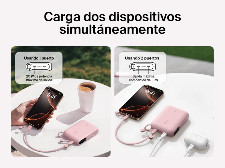 Comparación visual de la batería externa 10K con pantalla BoostCharge de Belkin en la que se ilustra como puede cargar un dispositivo a 20 W o dos de forma simultánea con 15 W (compartidos). En la imagen se ve la batería cargando un smartphone y unos auriculares sobre una mesa.