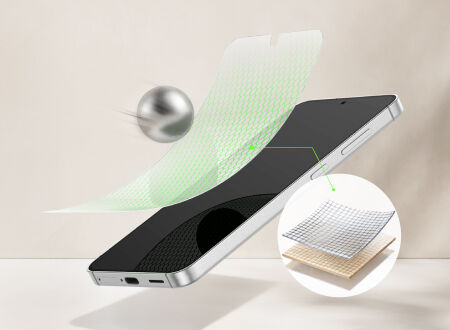 Smartphone with a flexible screen protector bending above the display as a metal ball approaches, with an inset showing layered material to illustrate impact protection.