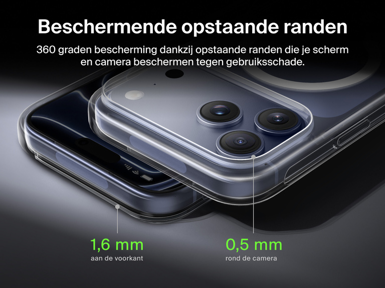 Belkin SheerForce Clear Series Case for iPhone 17 with elevated edge protection featuring 1.6mm front raised edge and 0.5mm camera raised edge for 360-degree coverage.