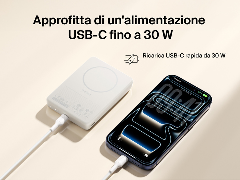 Slim Magnetic Power Bank 10K with Qi2 connected by USB-C cable delivering fast wired charging to smartphone
