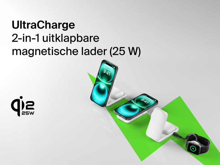 Afbeelding waarin de Belkin UltraCharge 2-in-1 uitklapbare magnetische lader met Qi2 25W een iPhone, AirPods en een Apple Watch oplaadt op een stijlvolle, compacte standaard.