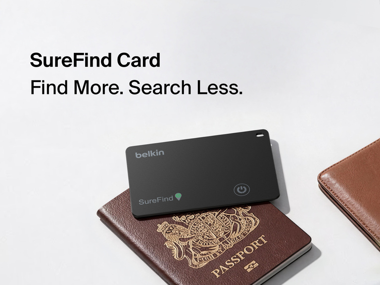Belkin SureFind Card Bluetooth tracker rests on a passport beside a wallet with the headline &ldquo;Find More. Search Less.&rdquo;