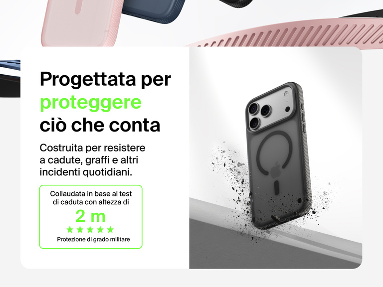 Belkin SheerForce Grip Series Case for iPhone 17 shown with textured grip and impact protection against drops.