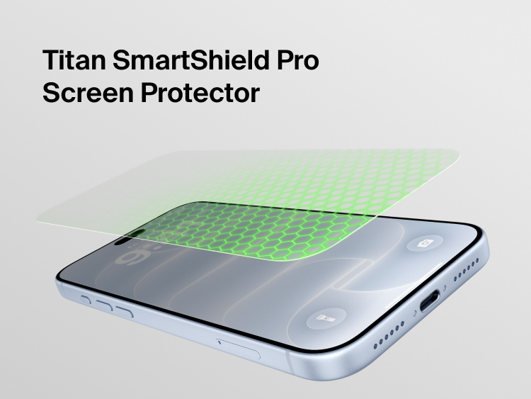 Belkin Titan SmartShield Anti-Reflective Screen Protector for iPhone 18 shown above a smartphone with protective Nano-Titan glass technology.