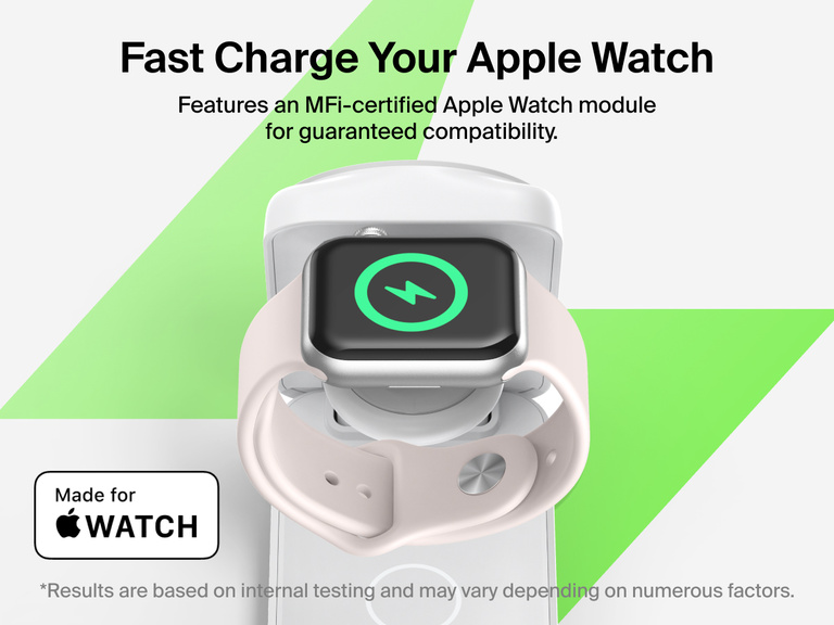Belkin UltraCharge 3-in-1 Foldable Magnetic Charger with Qi2 25W fast charges Apple Watch Series 10 to 80% in 30 minutes using an MFi-certified charging module.