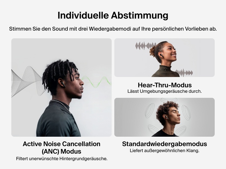 Eine Abbildung, auf der die drei Wiedergabemodi der Belkin SoundForm Rhythm ANC In-Ear-Kopfhörer hervorgehoben werden, die eine individuelle Einstellung ermöglichen: Active Noise Cancellation, Hearthrough-Modus und die Standardeinstellung.