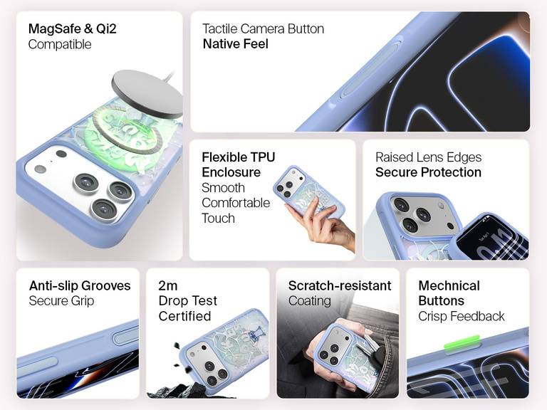 Belkin SheerForce Grip Series Case for iPhone 17 shown with textured grip and impact protection against drops.