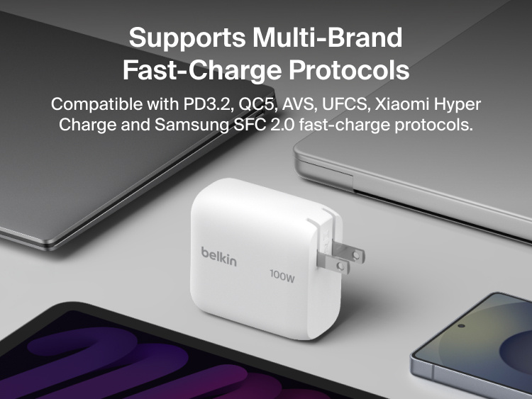 BoostCharge USB-C GaN Wall Charger 100W displayed with laptops, tablet, and smartphone to highlight multi-brand fast charging compatibility with PD3.2, QC5, Samsung SFC 2.0, and other charging protocols