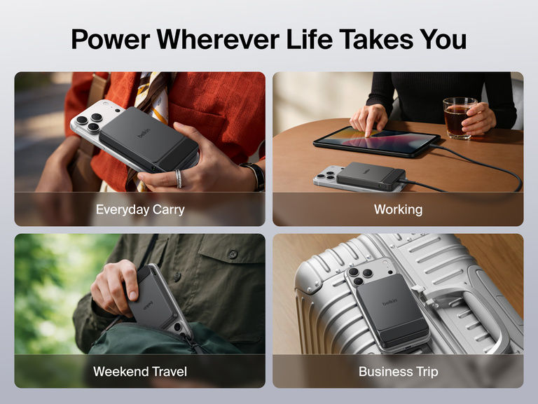 Belkin UltraCharge Slim Magnetic Power Bank 10K shown powering devices across everyday carry, work, travel, and business use scenarios with magnetic wireless charging and portable design