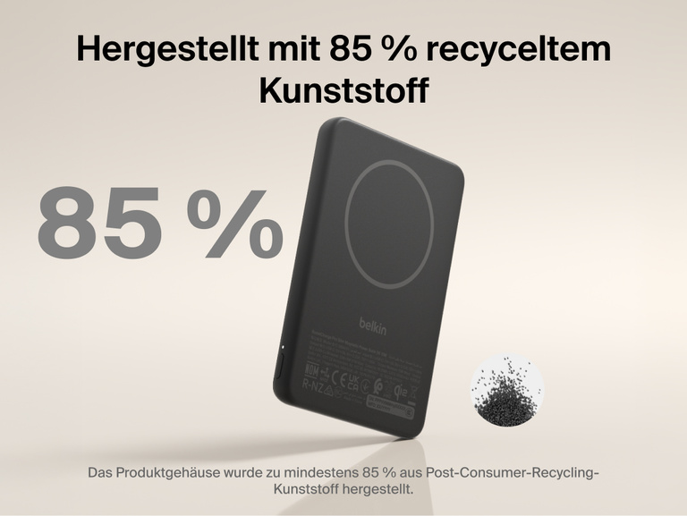 Belkin BoostCharge Slim Magnetic Power Bank 5K with Qi2 shown made with at least 85 percent post-consumer recycled plastic for a more sustainable portable charging solution.
