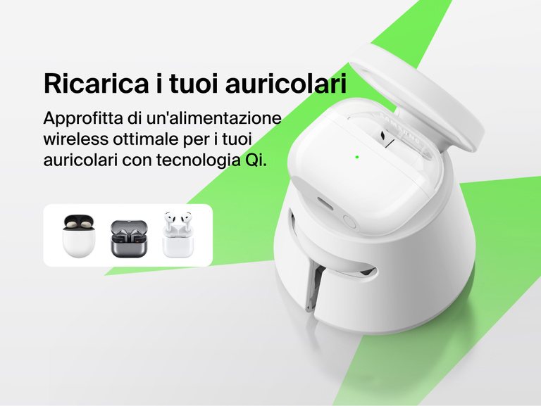 Immagine del dock di ricarica modulare con Qi2 25W Belkin UltraCharge con auricolari Qi compatibili con la ricarica Qi wireless. La foto mette in mostra il design modulare del dock che consente una ricarica pratica e senza fili ad ogni uso.