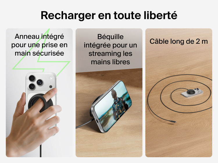Image du chargeur magn&eacute;tique Qi2 25&nbsp;W Belkin UltraCharge avec sa boucle d'attache, sa b&eacute;quille int&eacute;gr&eacute;e et son c&acirc;ble de 2&nbsp;m qui permettent une recharge flexible, les mains libres.