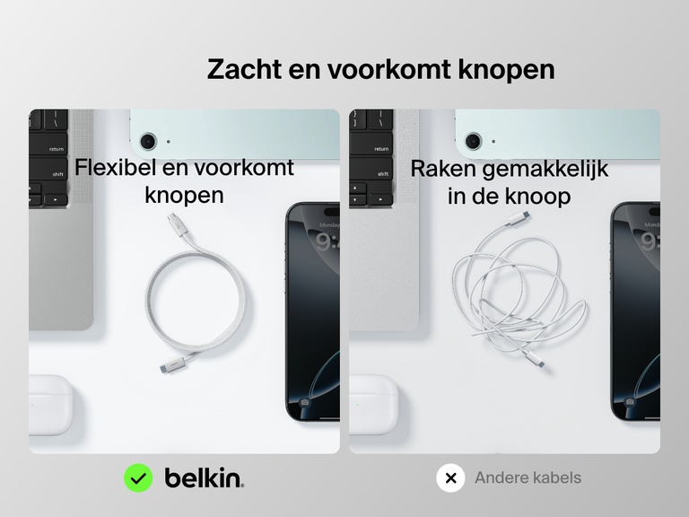 Vergelijking naast elkaar met aan de ene kant de flexibele Belkin BoostCharge 240 W USB-C naar USB-C-kabel die knoopvrij blijft en aan de andere kant standaardkabels die gemakkelijk in de knoop raken.