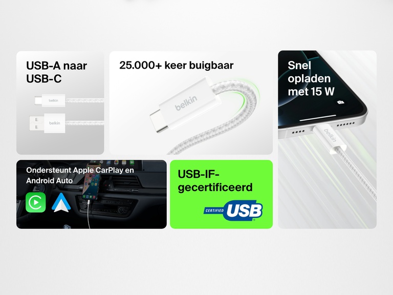 Infographic die de nadruk legt op de Belkin BoostCharge 15 W USB-A naar USB-C-kabel die bestand is tegen meer dan 25.000 buigen, USB-IF-gecertificeerd is, een laadvermogen van 15 W en Apple CarPlay en Android Auto ondersteunt.