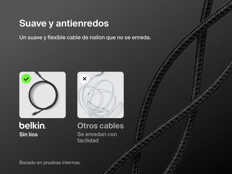 Belkin BoostCharge Pro USB-C to USB-C Braided Cable 240W shown with soft, flexible nylon design that resists tangling compared to standard cables.