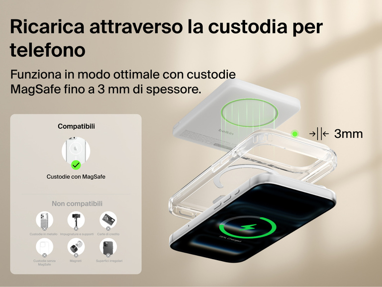 Belkin BoostCharge Slim Magnetic Power Bank 5K with Qi2 wirelessly charging a smartphone through a MagSafe-compatible case up to 3 mm thick for convenient everyday use.