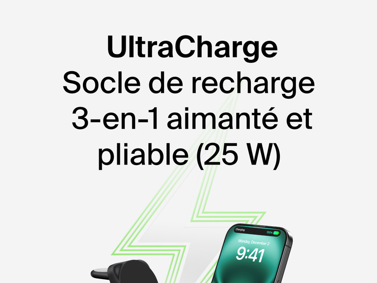 Socle de recharge 3-en-1 aimanté et pliable Belkin UltraCharge avec Qi2 (25 W) rechargeant un iPhone avec un graphique d’éclair vert en fond.